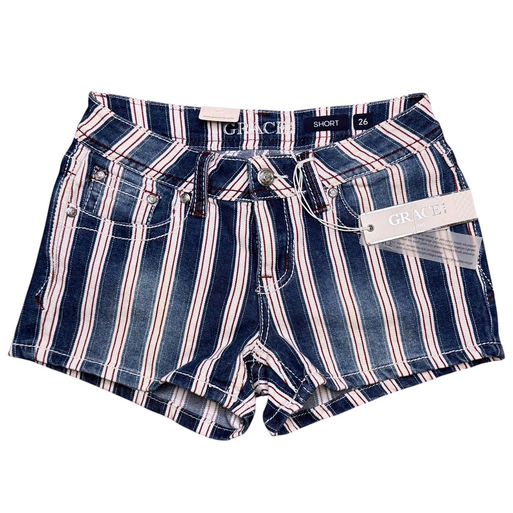 Grace in LA Women Blue Red White Striped Denim Shorts Size 26 NWT